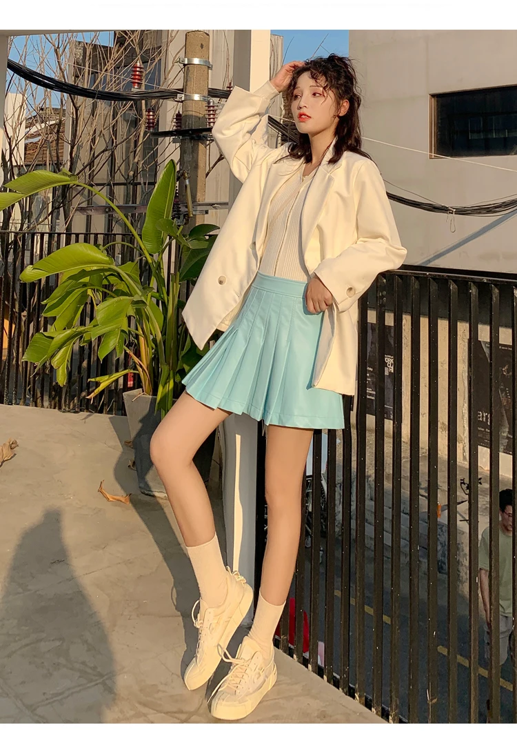 Новая летняя плиссированная юбка для женщин Harajuku разноцветные юбки Свободные плиссированные юбки с высокой талией винтажные женские юбки из искусственной кожи
