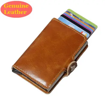 

Genuine Leather Men Aluminum Wallet Back Pocket ID Card holder RFID Blocking Mini Magic Wallet Automatic Credit Card Coin Purse