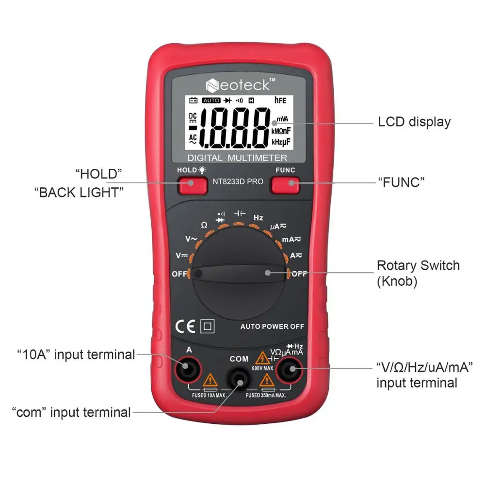 Proster Цифровой мультиметр 8233D PRO 2000 отсчетов вольт-амперные Характеристики AC DC с банановой вилкой Тестовый Кабель