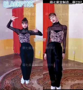 

kpop BLACKPINK LISA same korean black sexy perspective mesh t shirt Sequins vest tops+loose casual pants women two piece outfits