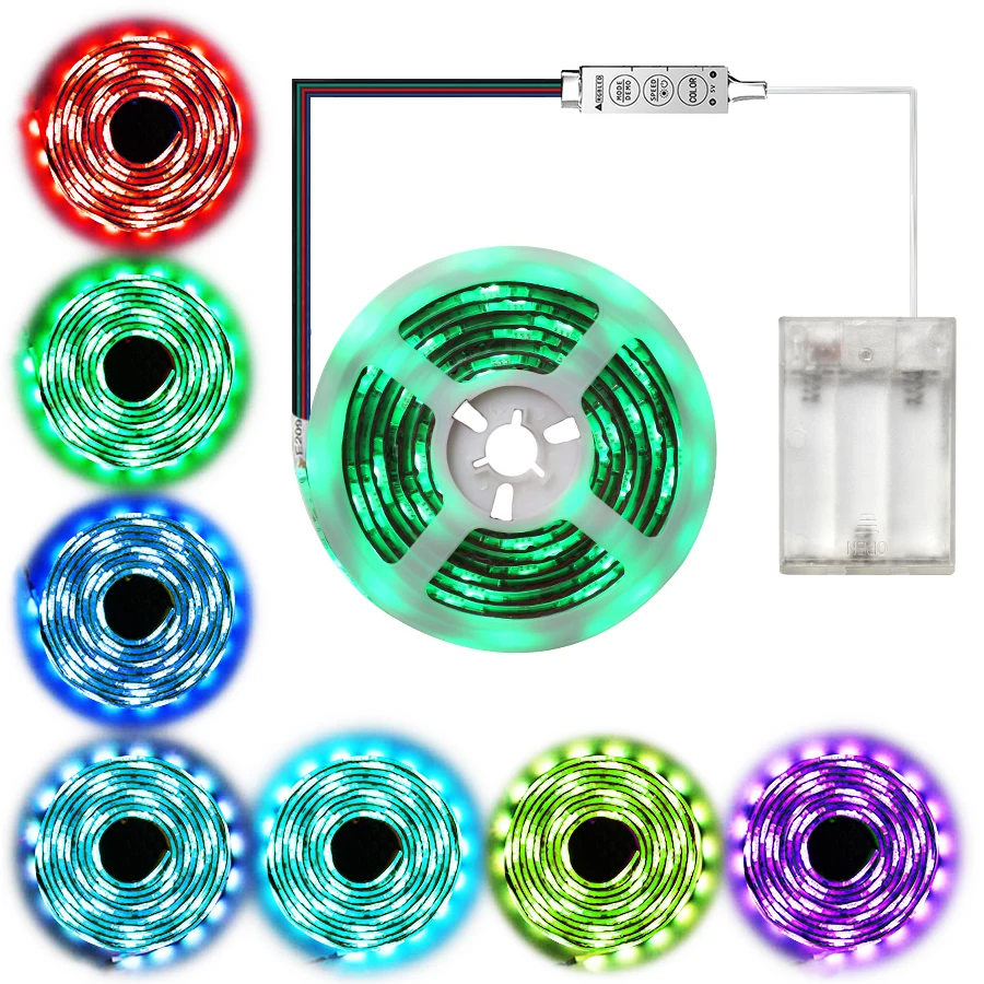 

Battery Operated RGB Led Strip Light 5050 Waterproof Backlight TV Home Colorful Decoration + Mini 3 Keys Controller Set 2M Pack