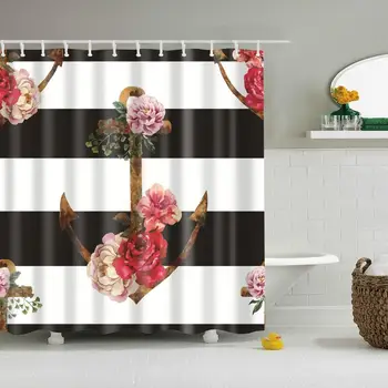 

Waterproof Thicken Polyester 3D Shower Curtain Black and White Stripes Flowers Mildew Proof Bath Tub Curtain with 12 pcs Hooks