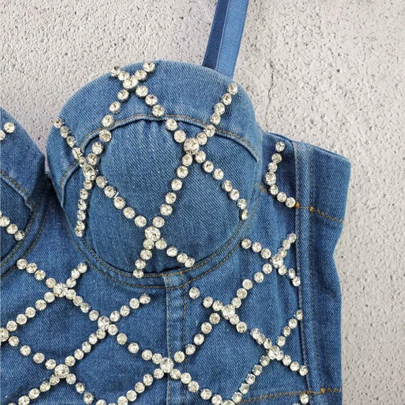 2020 New Women Denim Caims Bustier Bra Cropped Top Sexy Vest Diamond Push Up Crop Top Tank Women Clothes Adjustable