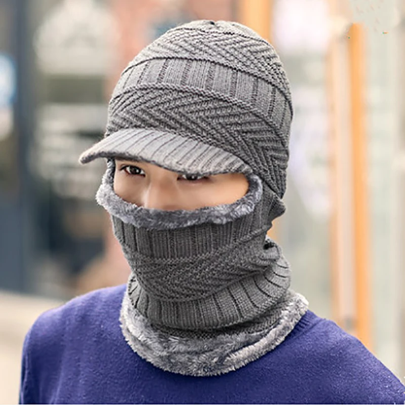 Серый Зимняя шапка, шарф, Skullies Beanies для мужчин, вязаная шапка, женская маска, толстая Балаклава, ушанка, шерстяной берет, мужская шапка, шапка - Цвет: Серый