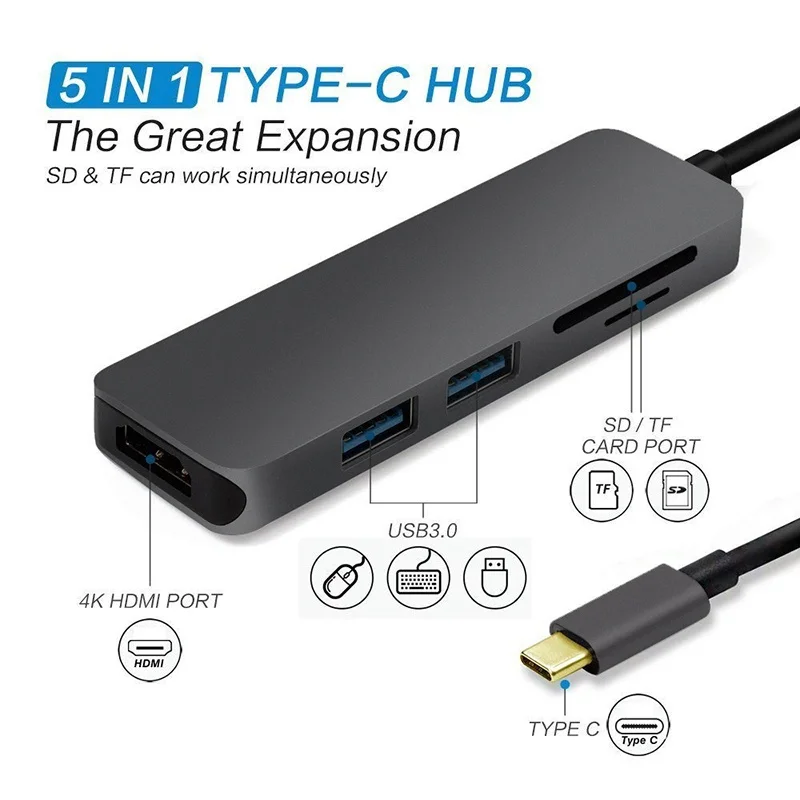 5 в 1 многопортовый концентратор type C USB 3,0 порты к HDMI 4K конвертер SD и TF кардридер USB C адаптер для MacBook Pro /