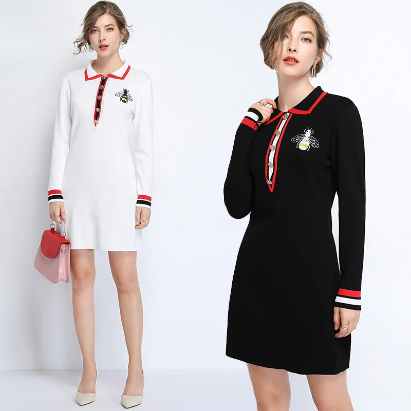 Осень-зима 2019 новое модное темпераментное вязаное платье с вышивкой свободное