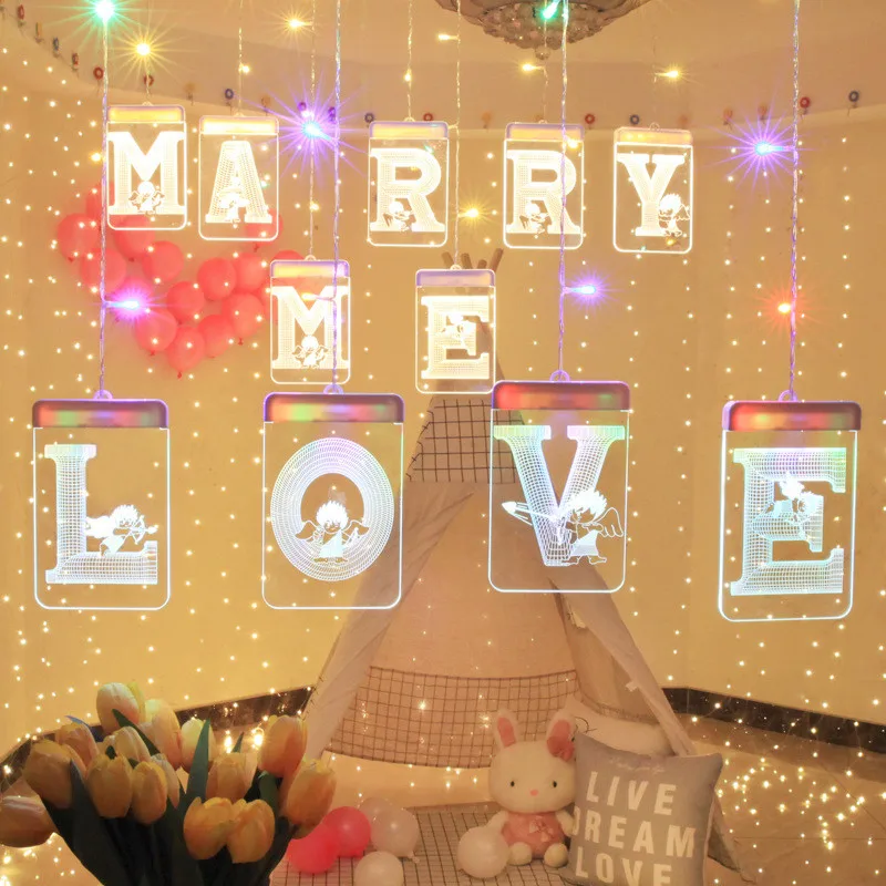 3D Acrylic Curtain LED String Light Fairy Valentine's Day Gifts Holiday Lighting LOVE Ornamnet for Home Bedroom Decoration | Освещение
