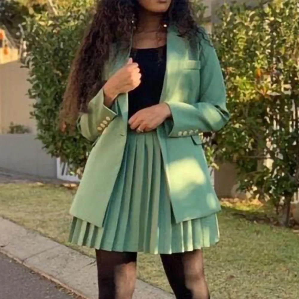 

Autumn African Style Women Two Piece Sets Office Ladies Pleated Skirt Blazer Suits Solid Color Simple Work Wear Clothing Sets