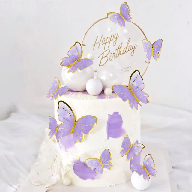 10 pçs decoração de bolo roxo borboletas reais pintados à mão estilo feliz  aniversário bolo toppers borboletas para o aniversário da menina -  AliExpress