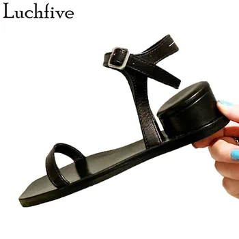 

Strange Heel Genuine Leather Sandals Women One Belt Open Toe Flats Ankle Buckle Strap Black Shoes Woman