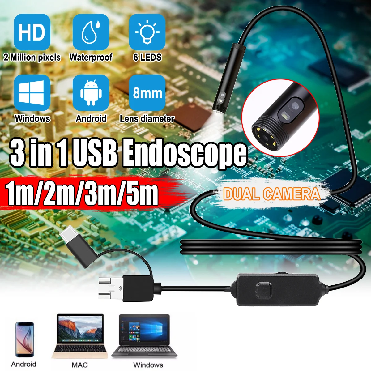 

3 IN 1 USB Dual Endoscope Camera HD Mini Hard Cable Inspection Camera 8mm 6LED Borescope for Android PC Endoscope