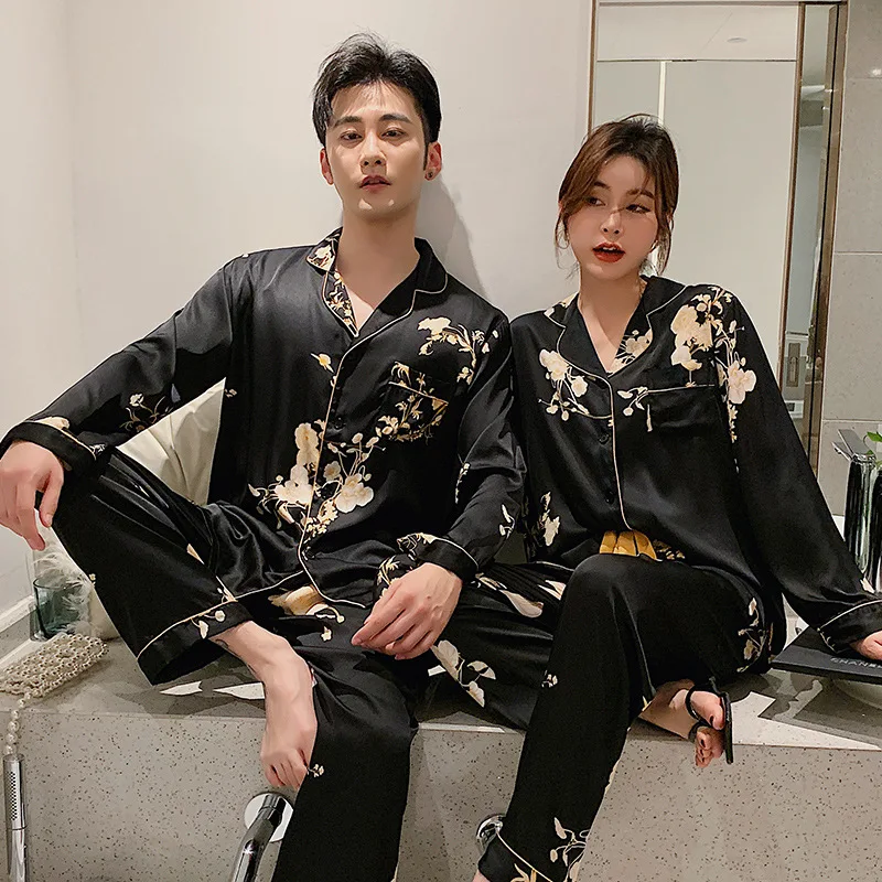 Black Print Flower Pajamas Set Women Spring Satin Silk Sleepwear Couple Sleep Set Nightwear Loose Casual Plus Size Pijamas Suit