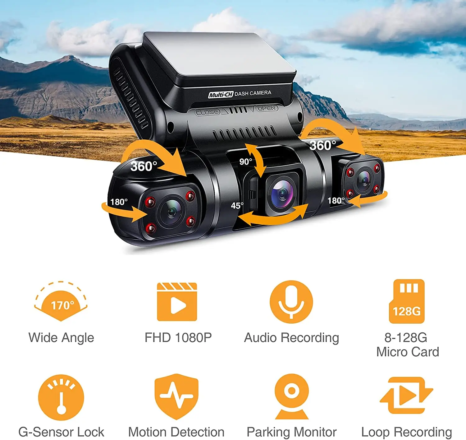 1080P 170°Wide Angle,4 Dual Lens HD Car DVR Rearview Video Dash Cam  Recorder Camera LCD Screen G-Sensor, WDR, Parking Monitor, Loop Recording,  Motion