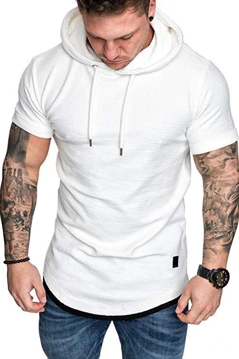 

Supply of Goods Men Crew Neck Slim Fit Solid Color Hooded Short Sleeve T-shirt Pleated Raglan Sleeve Europe