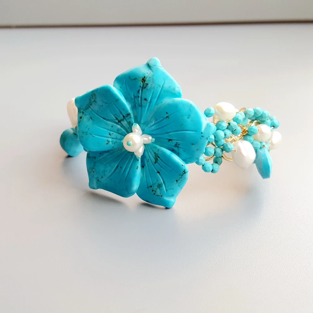 Lii Ji краска голубой бирюзовый браслет Howlite с пресноводным жемчугом ювелирные
