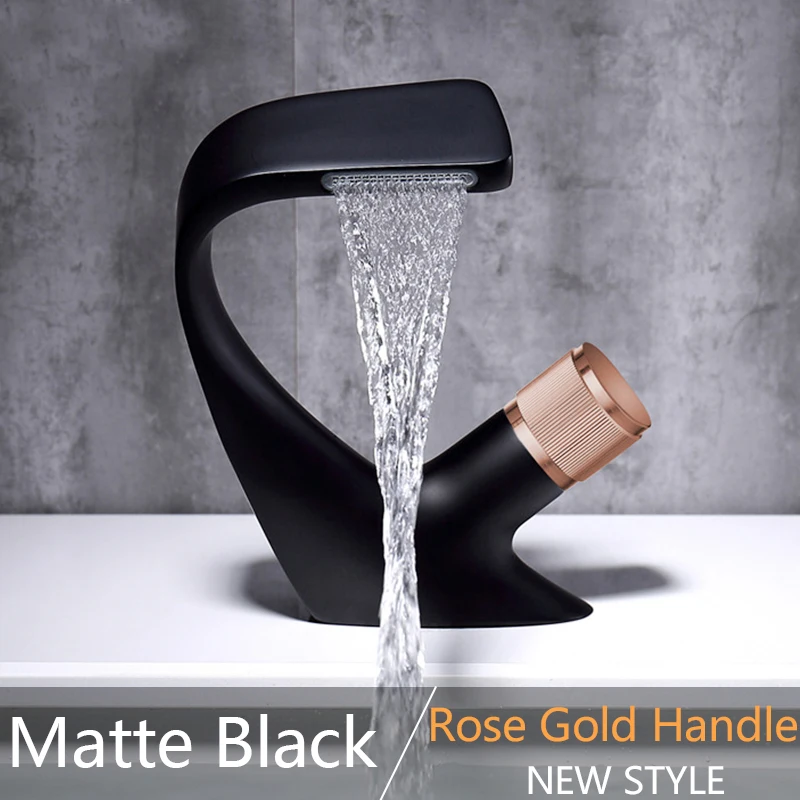 Black rose gold Матовый золотой кран для раковины, кран для ванной комнаты на бортике, кран для раковины, хромированный изогнутый кран для воды, смеситель горячей и холодной воды, краны - Цвет: Black rose gold