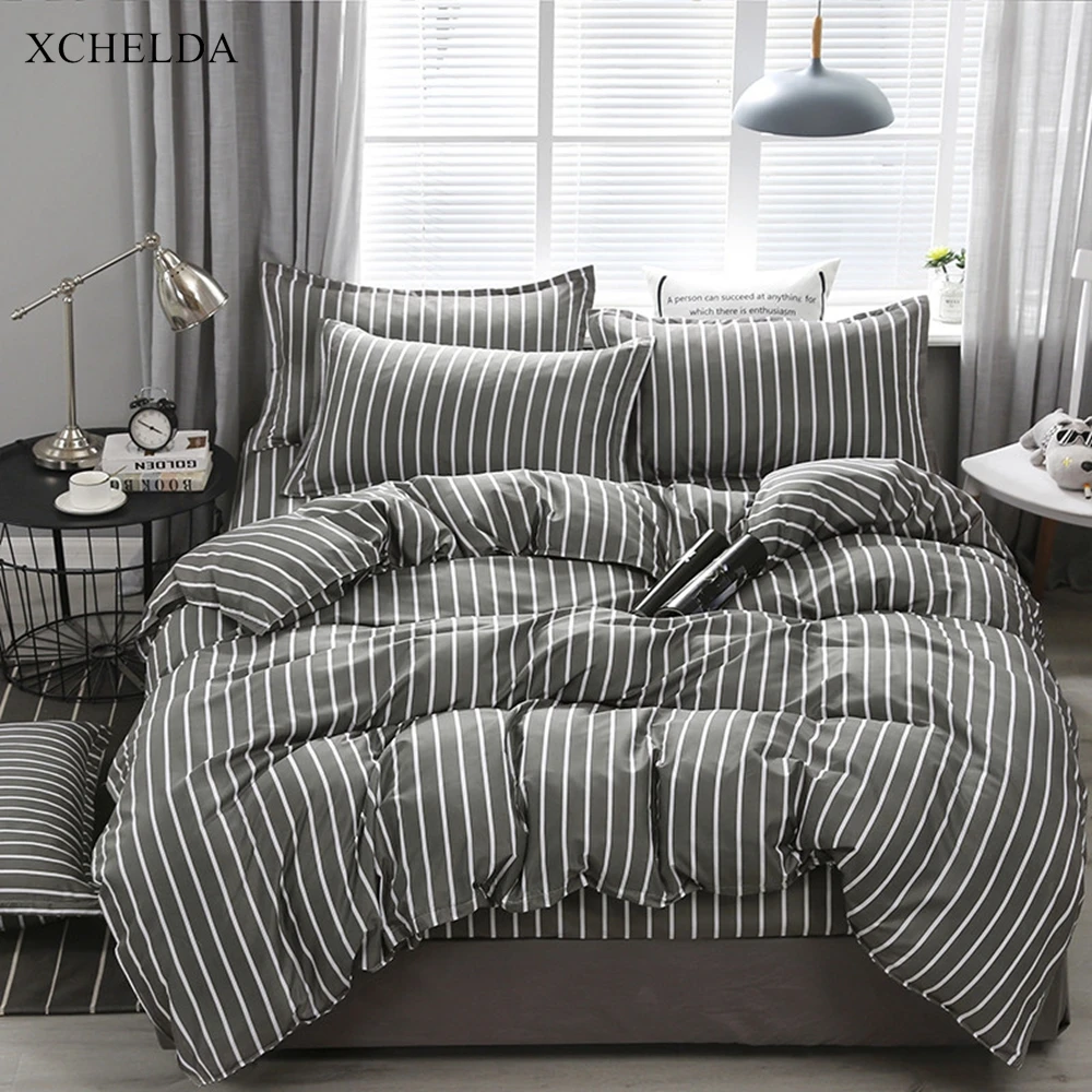 Black Adult linens Couple Queen King Size Bedding Set luxury Cotton Stripe Comforter Duvet Cover Bed Sheet set Home Textile