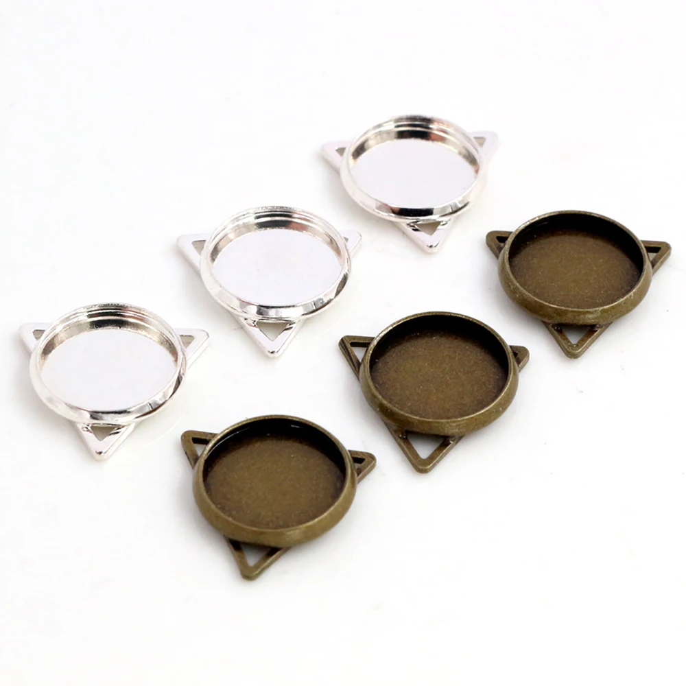 16pcs/lot 12mm Inner Size Silver and Bronze Plated Brass Material Simple Style Cabochon Base Cameo Setting Charms Pendants Tray