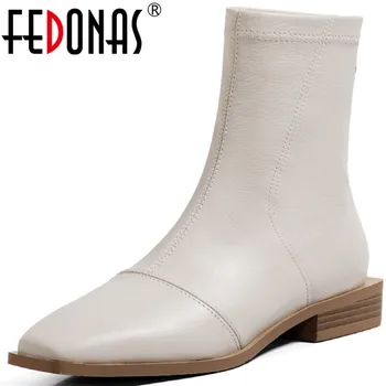 

FEDONAS 2020 Winter Boots For Women Back Zipper Square Toe Thick Heels Shoes Woman Office Lady Working Ankle Boots For Women