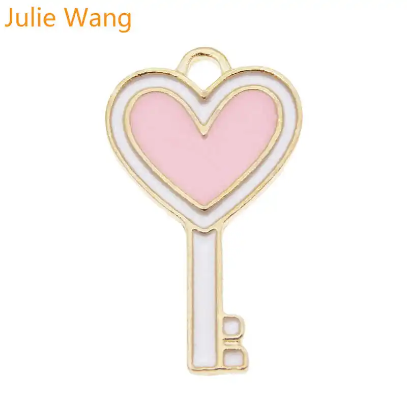 Julie Wang 10 шт. эмалированный розовый брелок в форме сердца подвески из сплава