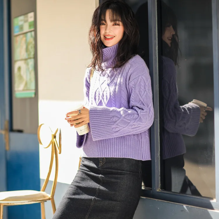 Милые фиолетовые свитера, водолазка, Розовый шерстяной свитер, Зимние Топы для женщин, Красный пуловер, кашемировая роскошная дизайнерская одежда