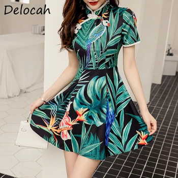 

Delocah Women Fashion RunwayA-Line Dress Summer Short Sleeve Crystal Sequined Beading Tropical Printed Ladoies Mini Dresses