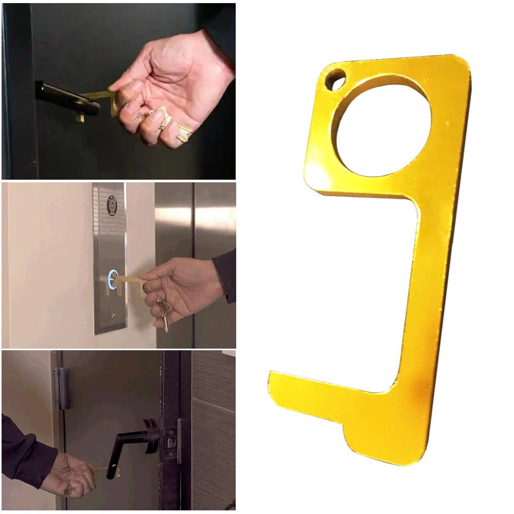 

1pc Hygiene Hand Antimicrobial Brass Edc Door Opener Portable Press Elevator Tool Door Handle Key For Home Safety