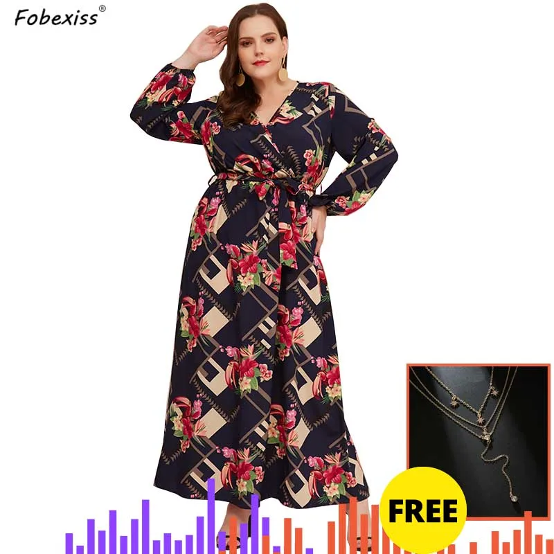 

Elegant Beach Boho Floral Dresses Plus Size Maxi Long Dress 5XL Puff Long Sleeve High Waist Sashes Chic Dress Women Clothing