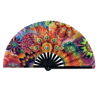 

Chinese Style Hand Fan Colored Geometric Printing Folding Fans Dance Kung Fu Fan Carnival Festival Wedding Party M