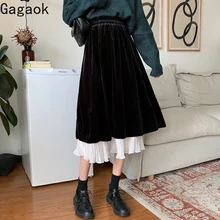 Gagaok Женская винтажная юбка новая весенняя Осенняя однотонная плиссированная юбка до середины икры в стиле ампир, женская модная Корейская юбка