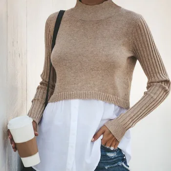 

Autumn Winter Fashion Patchwork Women Sweater Female Slim Round Collar Bottom Button Knit Sweater Casual Long Sleeve Pullovers