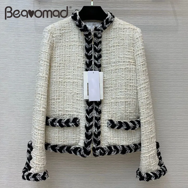 

Bearomad Runway Autumn Winter Lady Warm Jacket Long Sleeve Spliced Button Tweed Weave Wool High Quality Pockets Women Coat Tops