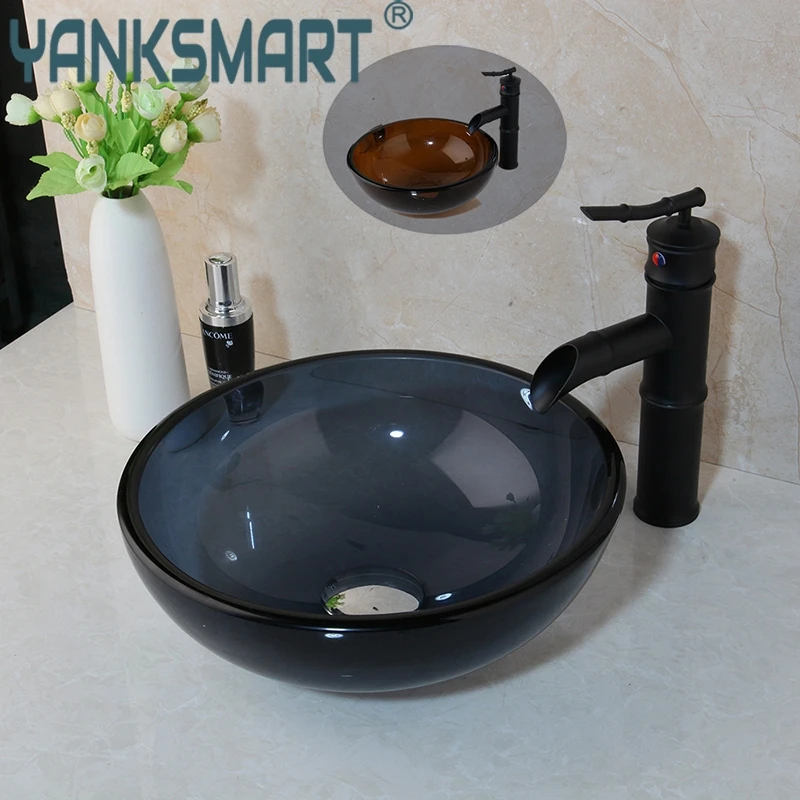 Yanksmart Black Bathroom Sink With Matte Black Faucet Set Multiple Colour Glass Tempered Glass