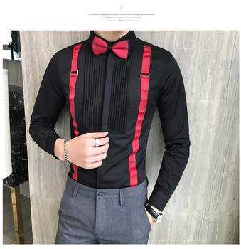 

Men's Tuxedos Shirts Pleated Front Bow-tie Strap Long Sleeve Slim Fit Men Dress Shirts Wedding Social Shirts Male