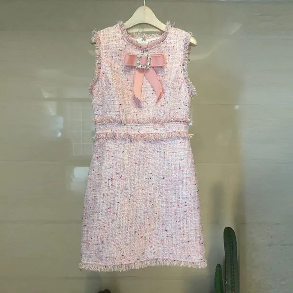 pink Новейшая мода, дизайнерское платье для подиума, женское платье без рукавов с бантом и бахромой, твидовое платье с кисточками, милое розовое короткое платье на бретелях - Цвет: pink