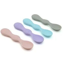 Cuchara de silicona con mango de doble cabeza para alimentación de bebés, utensilios para comer comida sólida, entrenamiento de habilidad manipulativa, vajilla para niños