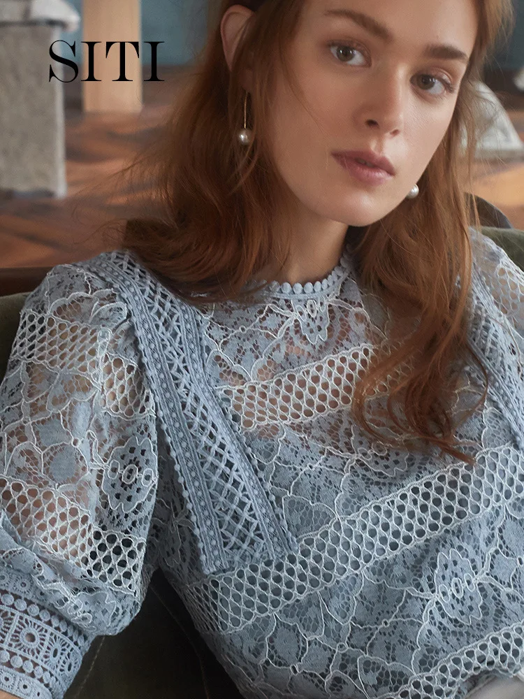 

Haze Blue Lace Shirt Short Sleeve Immortal Hollow out Tops Slimming Lantern Sleeve 2019 New Style Summer Women's Sweet GIRL'S Sh