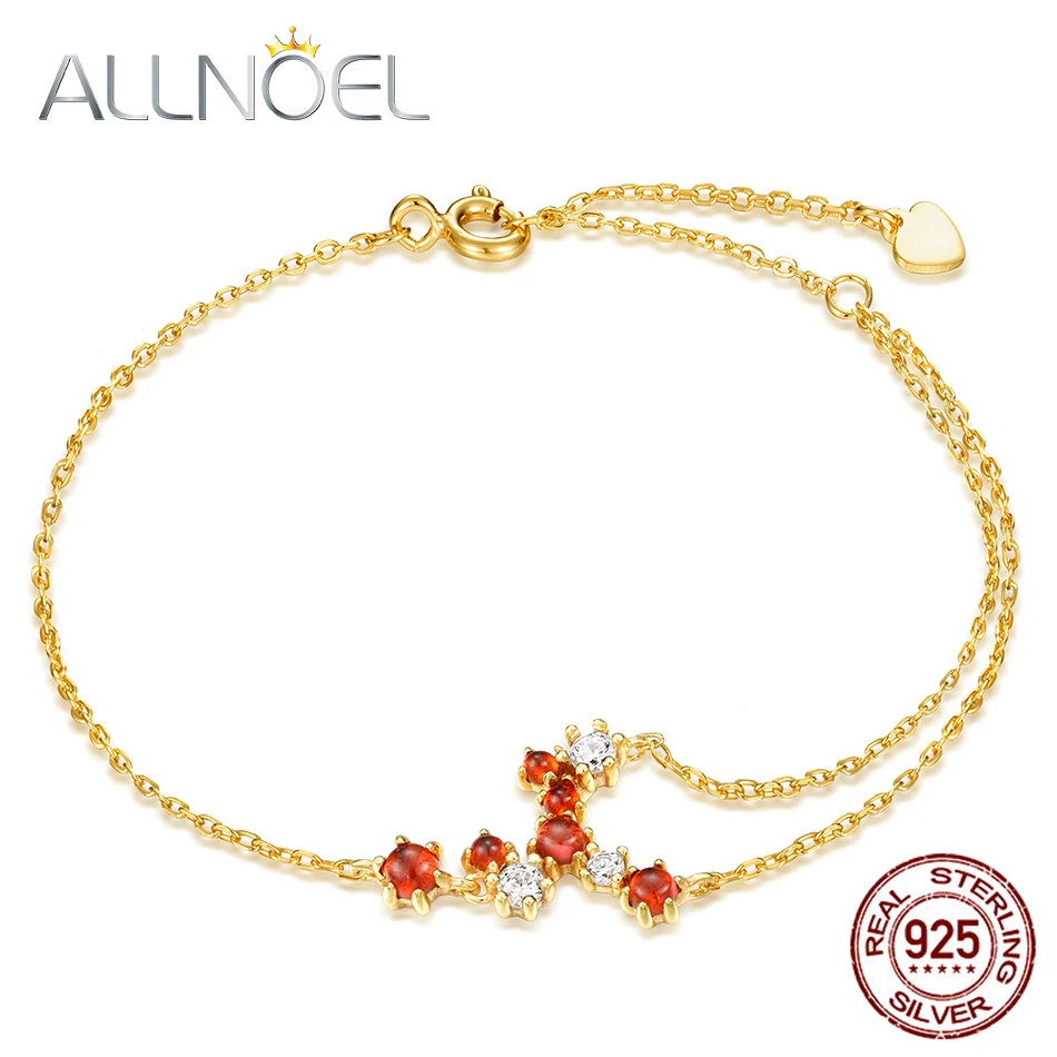 ALLNOEL, 925 пробы, серебряный браслет, натуральный гранат, драгоценные камни, циркон, кристалл, браслеты, 18 см, регулируемый, настоящее золото, свадебные украшения