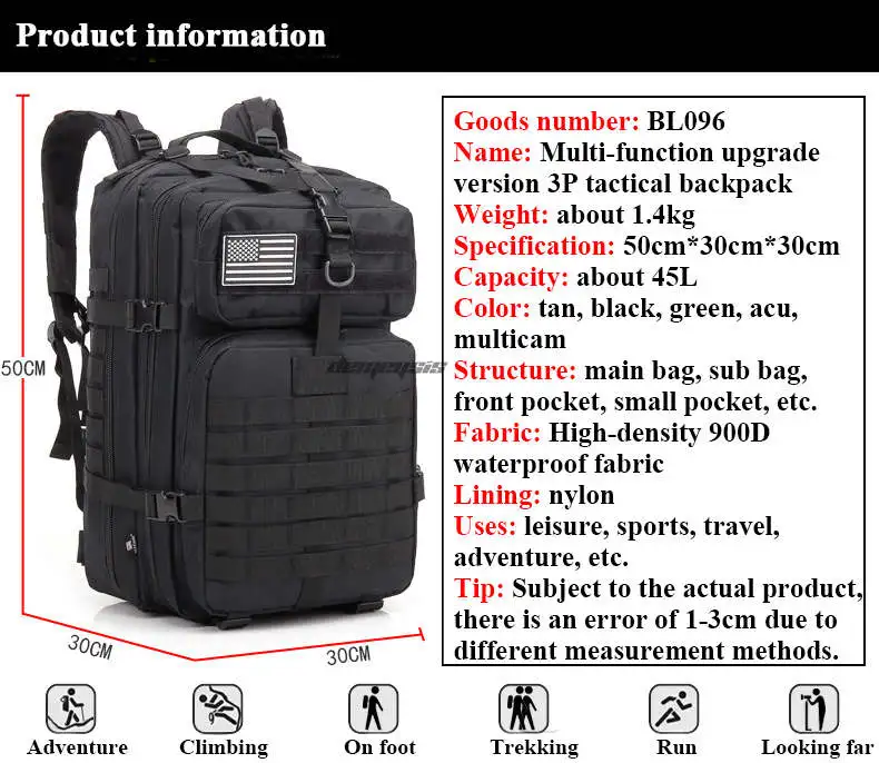 45L тактические походные рюкзаки Molle мужские водонепроницаемые походные рюкзаки дышащие нейлоновые военные армейские боевые сумки
