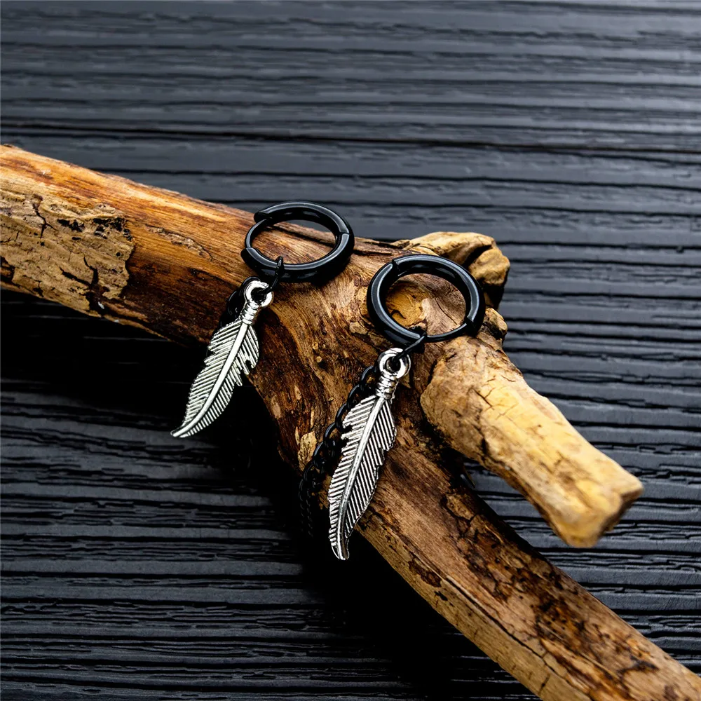 

Hot Luxury Stainless Steel Retro Steel Black Color Feather Shape Handing Drop Earrings Men Fashion Trendy Earring Jewelry Gift