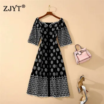 

Europe Fashion Summer Dress Runway Designers Elegant V Neck Hollow Out Floral Embroidery Mid Calf Vintage Holiday Dresses 2020