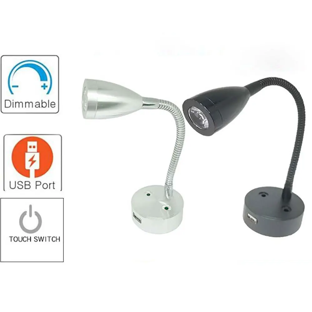 

New 12V 24V Smart Touch Dimmable Flexible LED Reading Light Gooseneck Wall Lamp For Motorhome Yacht Cabin with USB Charger Port