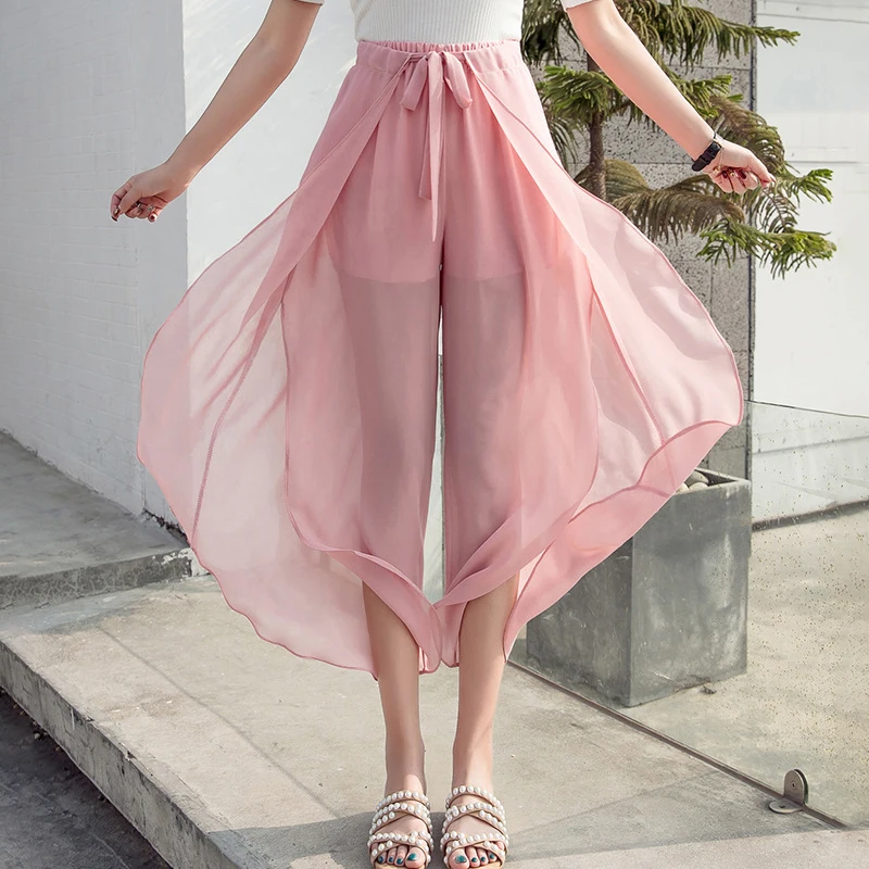 

Chiffon High Waist Thin Section Pants Women Lrregular Splits Plus Size Cargo Pants Women Mesh Perspective Women Wide Leg Pants