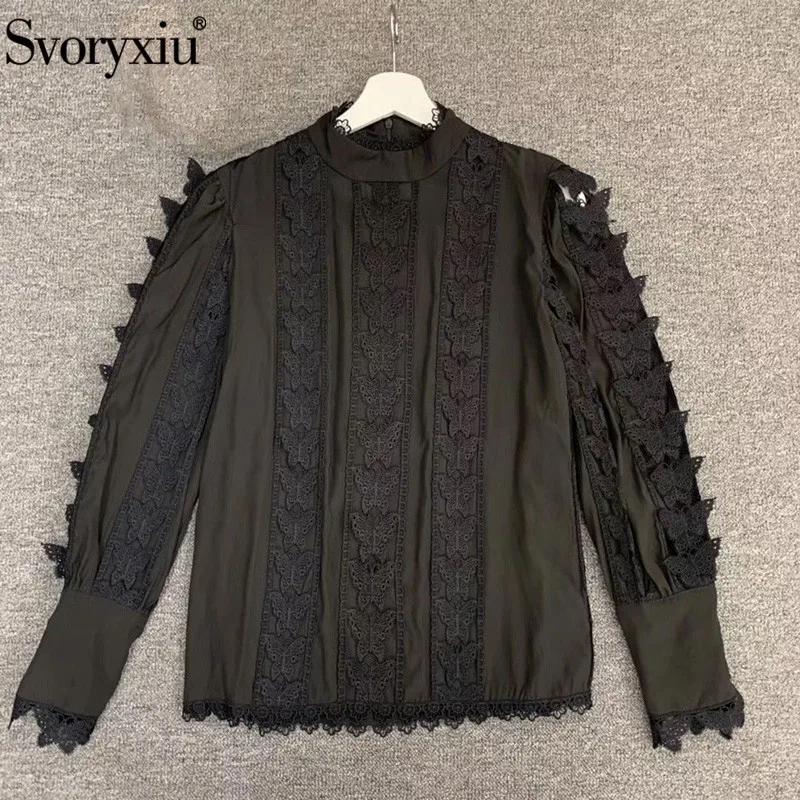 Svoryxiu осень новая кружевная Лоскутная рубашка для женщин стоячий воротник фонарь рукав однотонная Элегантная блузка женская дизайнерская брендовая