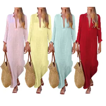 

Women Casual Loose Straight Cotton Linen Blend Long Dress Solid Color V Neck Long Sleeve Maxi Dress with Slits