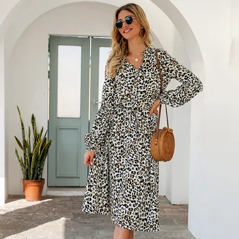 

2020 Tea Length Women Clothing Leopard Vacation Party Casual Office Work Street Wear Cheap Dress with Lantern Sleeve