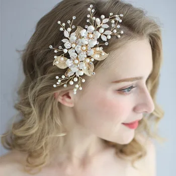 

NPASON Latest Design Gold Leaves Floral Bridal Decoration Jewelry Pearl Handmade Bridal Hair Accessories Clip