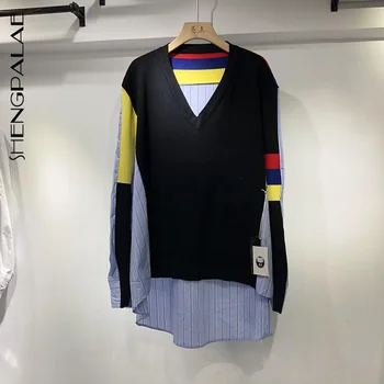 

SHENGPALAE 2020 Autumn New Coat Knitted Stitching Top Front Short Back Long V-necklarge Size Pullover Women's Sweater ZT1045