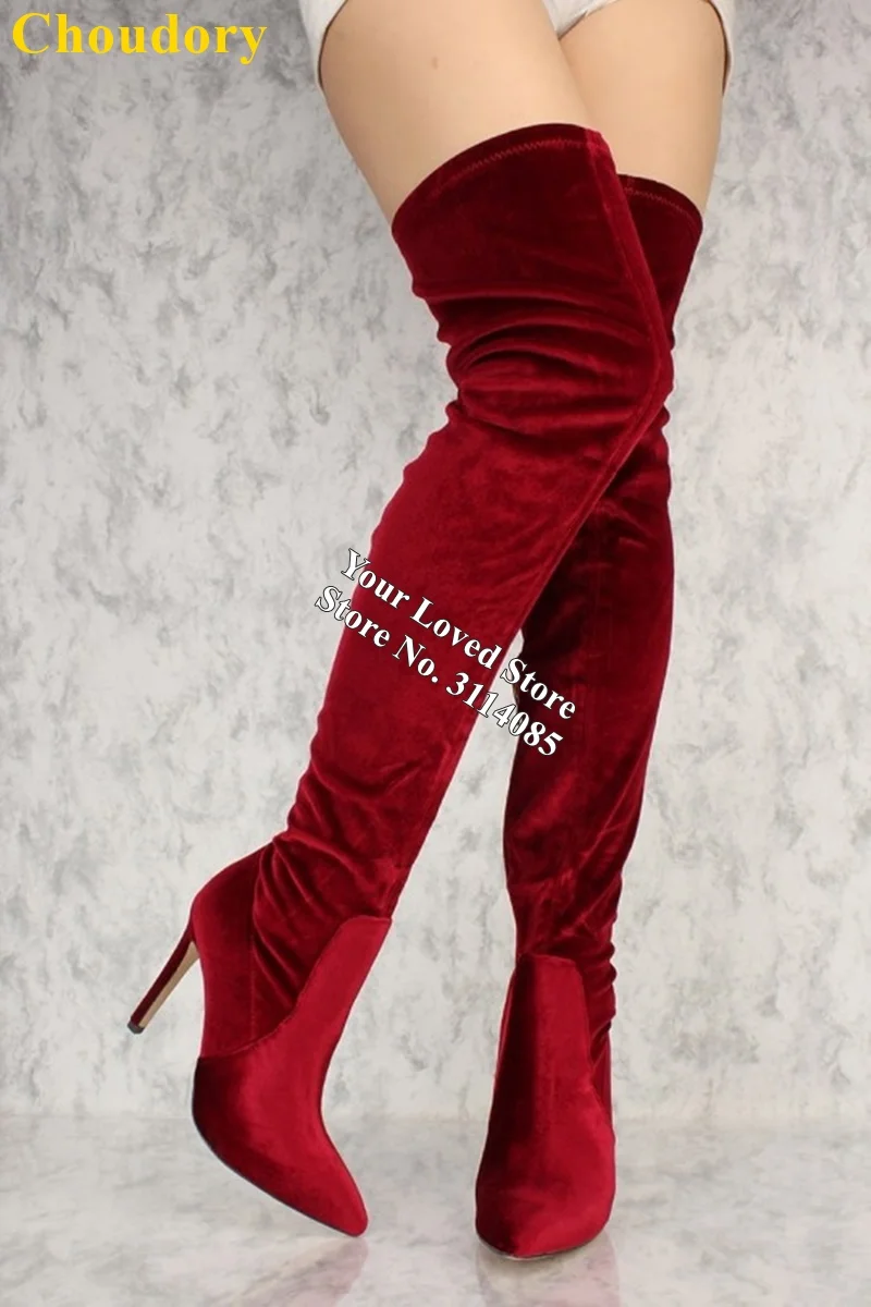 酒红色大红色丝绒粗跟过膝长靴 (4)