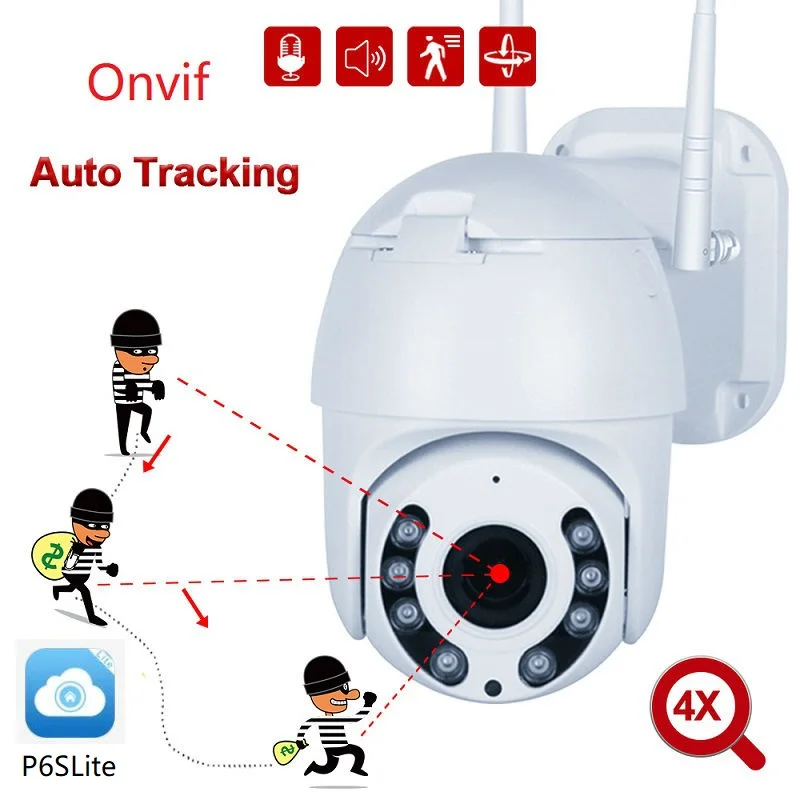 

1080P WiFi Auto Tracking PTZ Camera 2MP 25FPS Pan Tilt 4X Zoom Wireless IP Camera IR 30m Auto Focus CCTV Onvif Camera 2WAY Audio